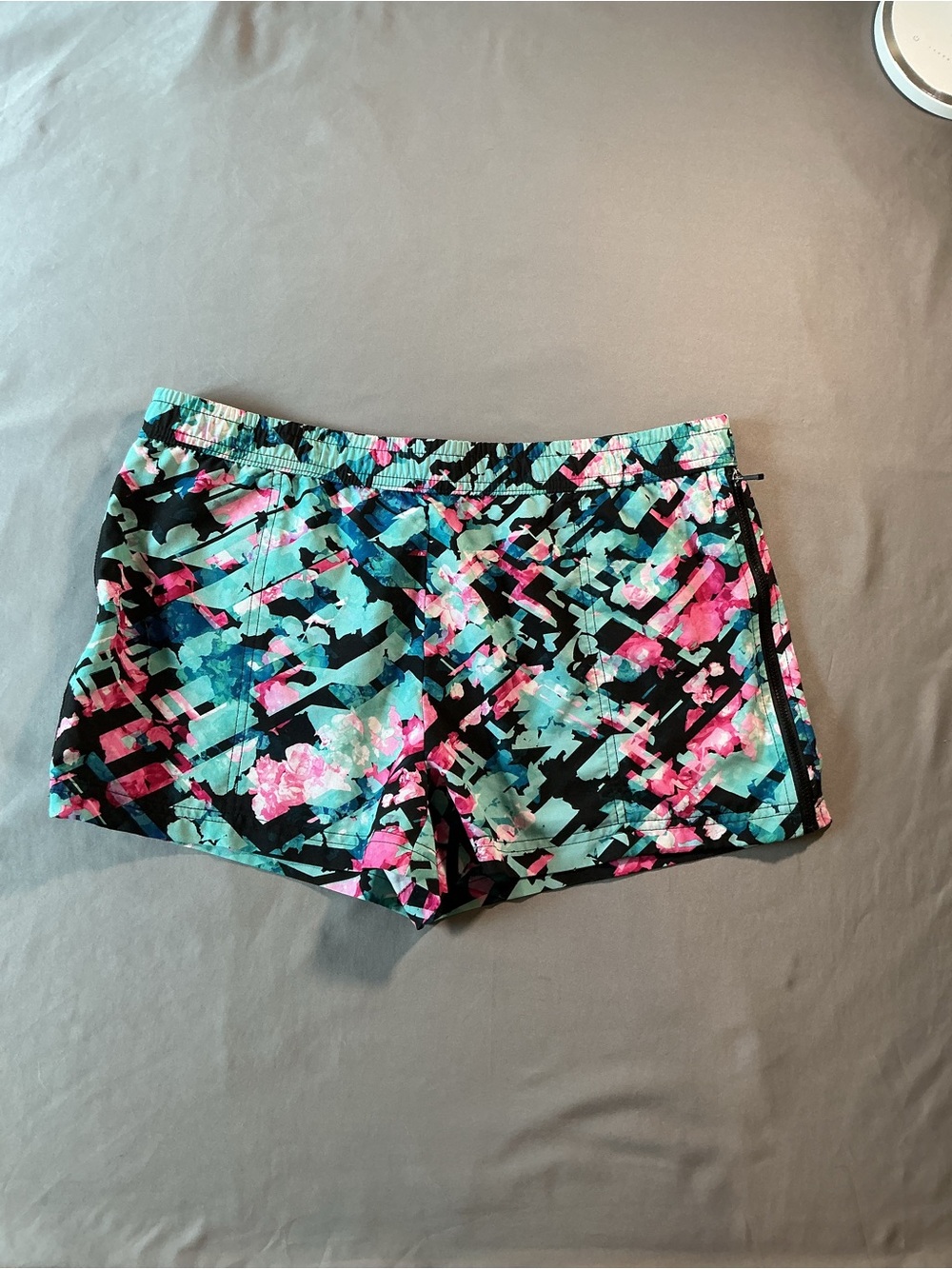 Fabletics Women's Abstract Floral Active Shorts in Black, Teal & Pink